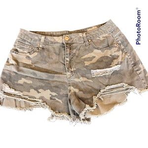 Camo Green Distressed Shorts